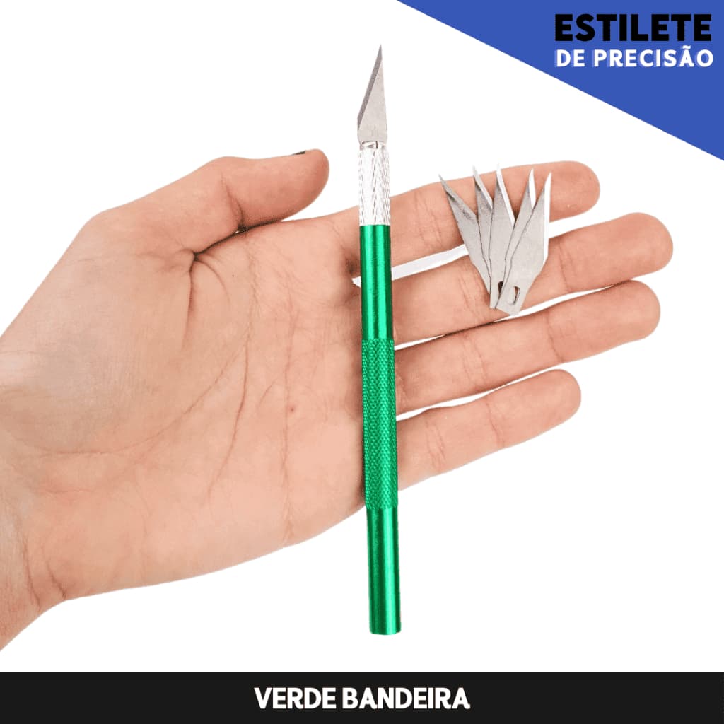 Estilete De Precisão em Alumínio - Com 6 Lâminas - VERDE BANDEIRA - Mazzal