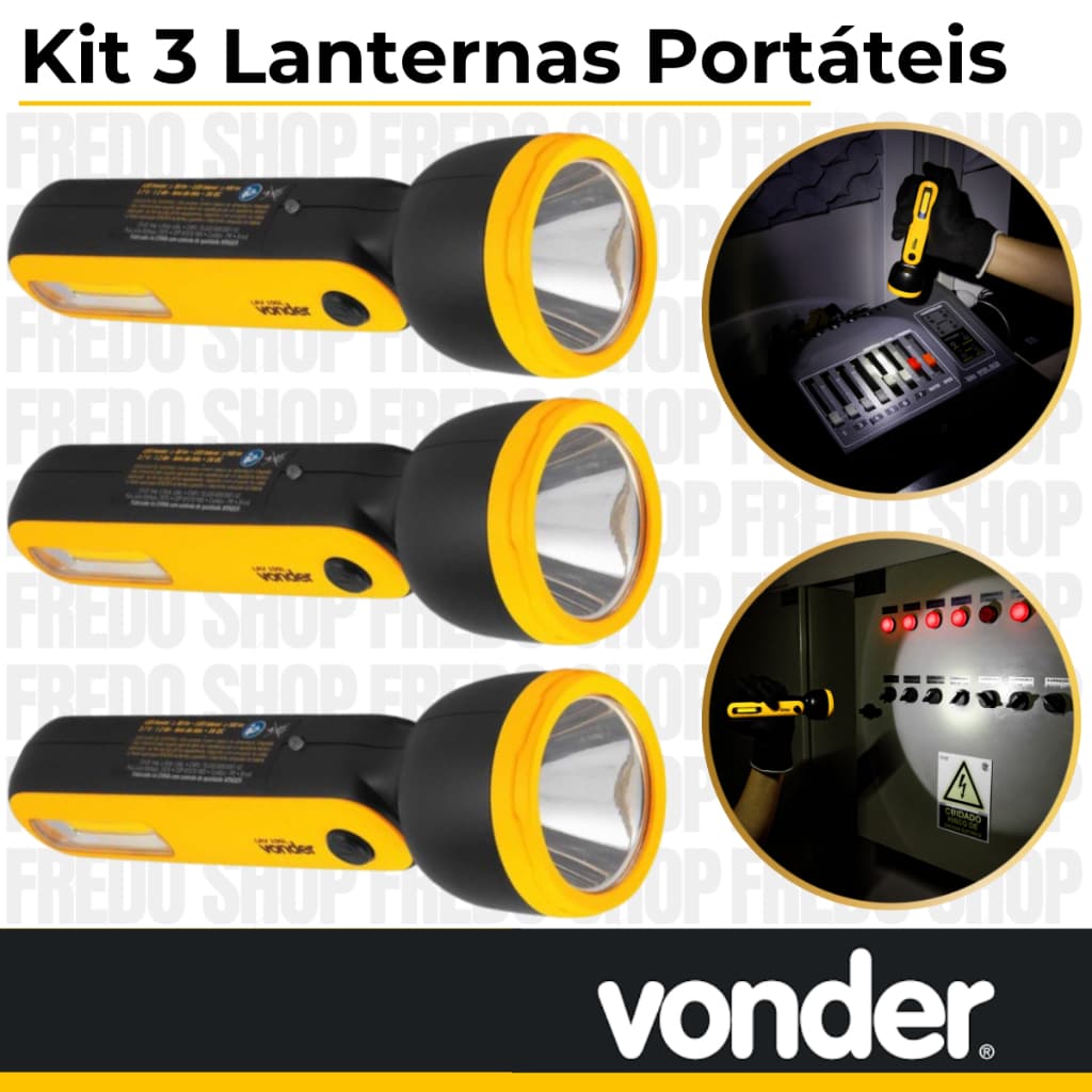 Kit 3 Lanternas Recarregáveis Potentes de Longa Distância Duplo Led Bateria Lítio LRV100L - Vonder