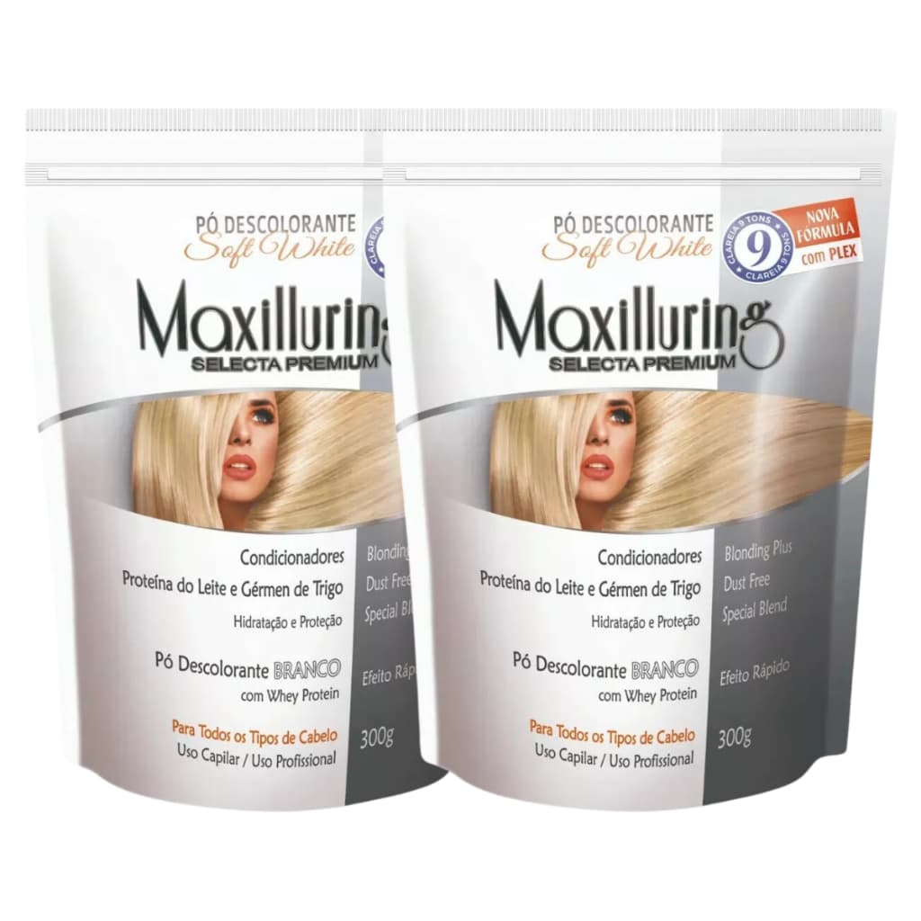 Kit 2 Pó Descolorante Branco Profissional Soft White 9 Tons Efeito Rápido Maxilluring Pouch 300g