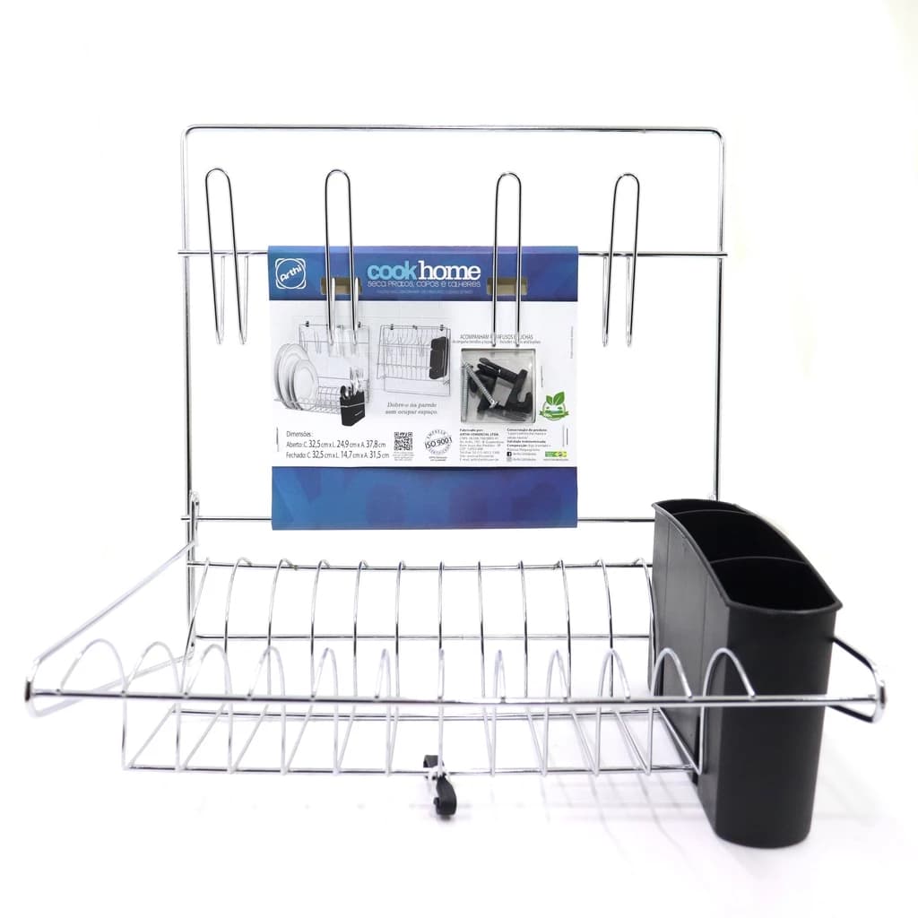 Escorredor de Talheres, Pratos, e Copos de Parede Dobrável Inox Cromado