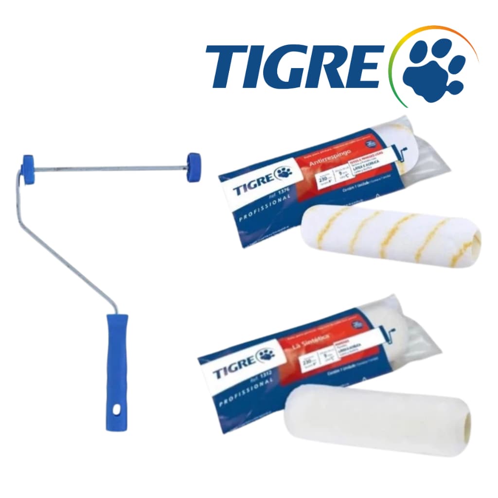 Rolo De Pintura Tigre de Lã 23CM Econômico / Antirrespingo / Suporte p/ Rolo Kit Rolo Com Suporte