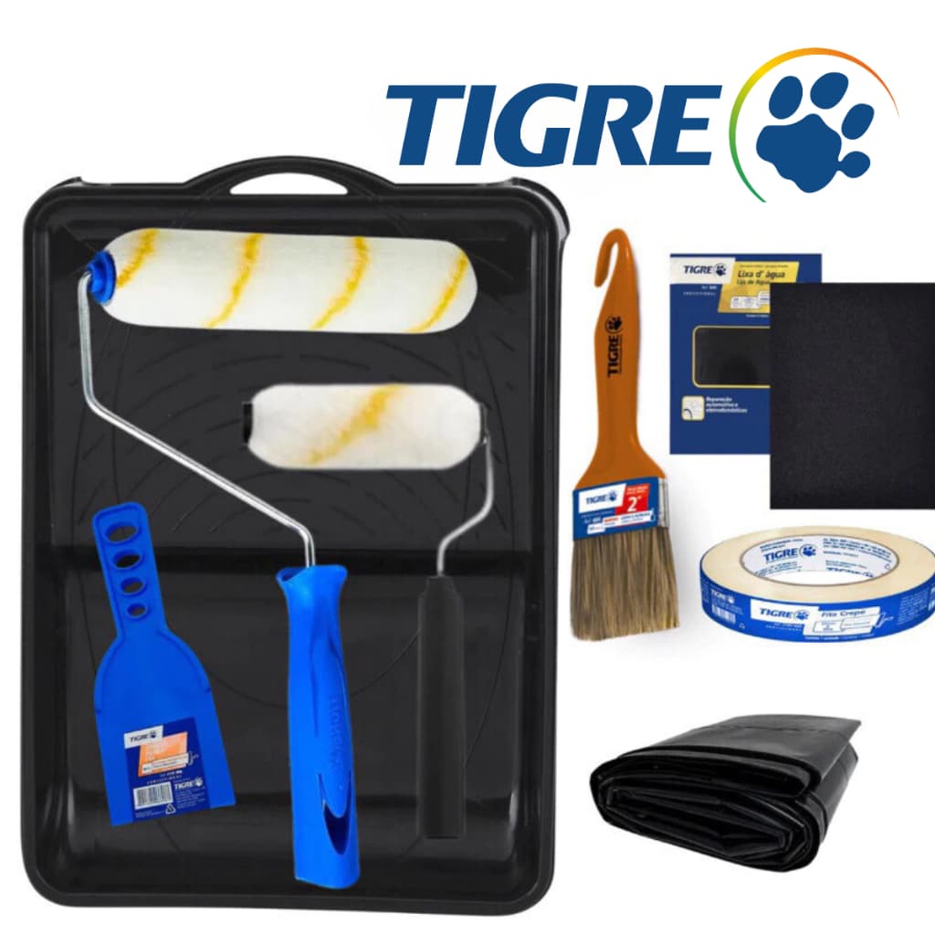Kit Pintura Completo 10Pçs Rolo Antirrespingo Bandeja Lixa Pincel Lona Fita Crepe Espatula Rolinho