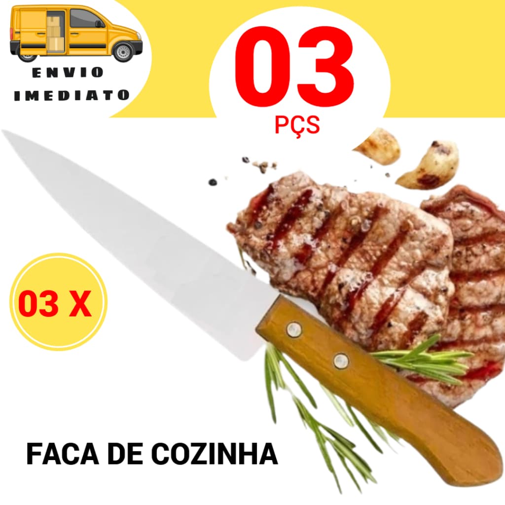 3 Pç Jogo Faca De Cozinha Inox Profissional  Kit Tamanho 30CM 7'' De Chef Restaurante Buffet Casa Bar