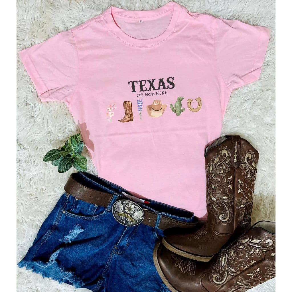 Camiseta Tshirt Baby Look Feminina Moda Country Texas Estampado Bota Chapeu Ferradura Algodão