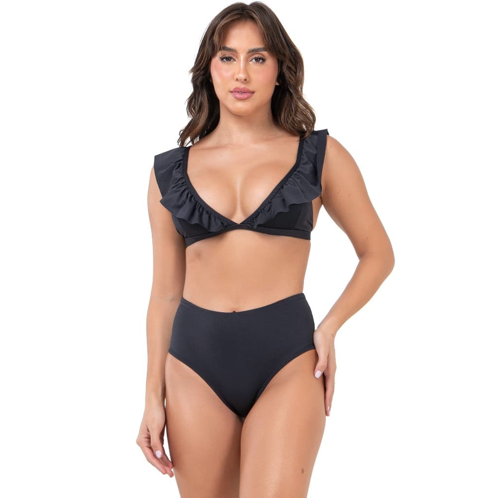 Biquini Top Alça Babado e Calcinha Hot Pants Cintura Alta Bojo Proteção UV 50 Blogueira 136
