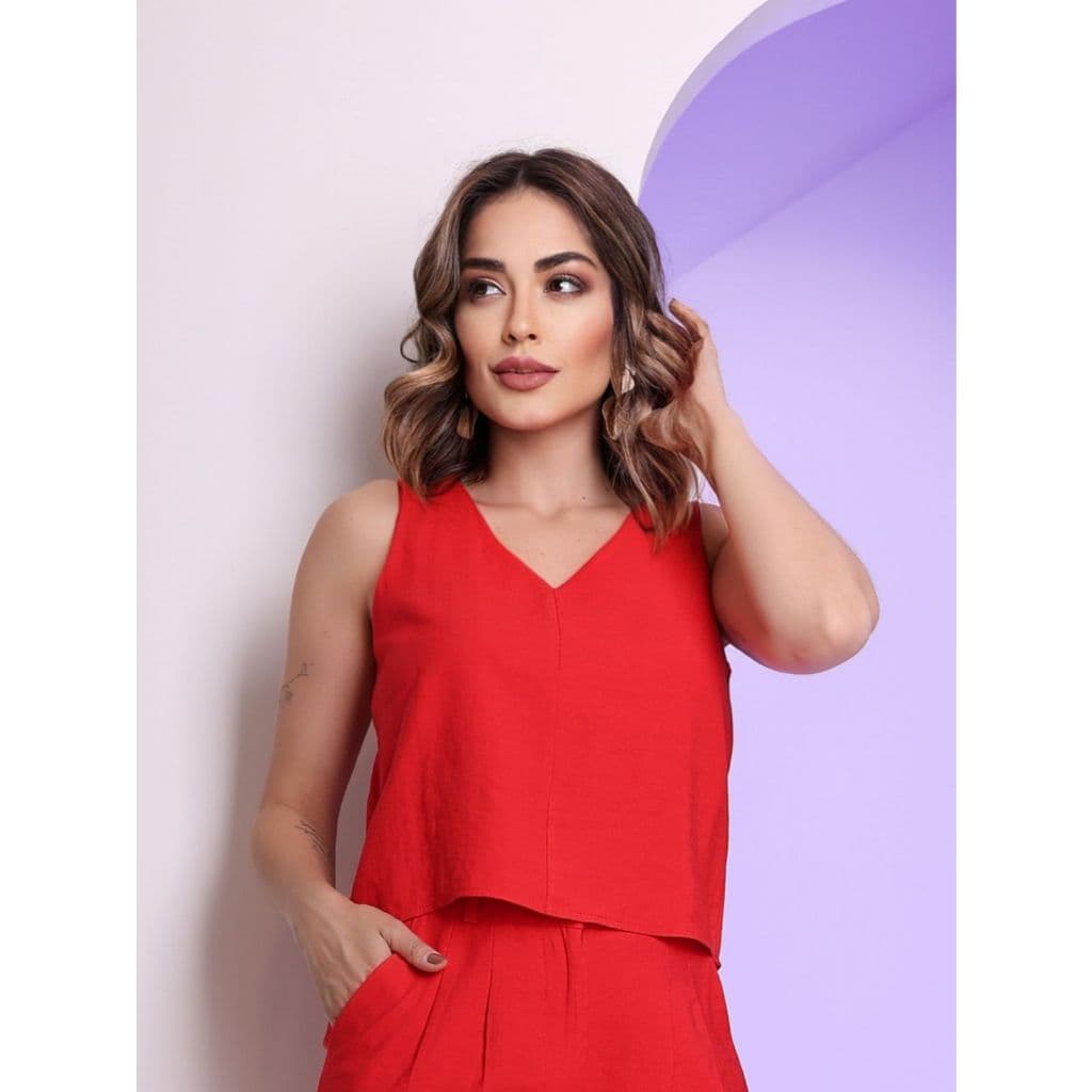 Blusa Feminina Regata Alfaiataria Verão Liso Detalhe Lateral