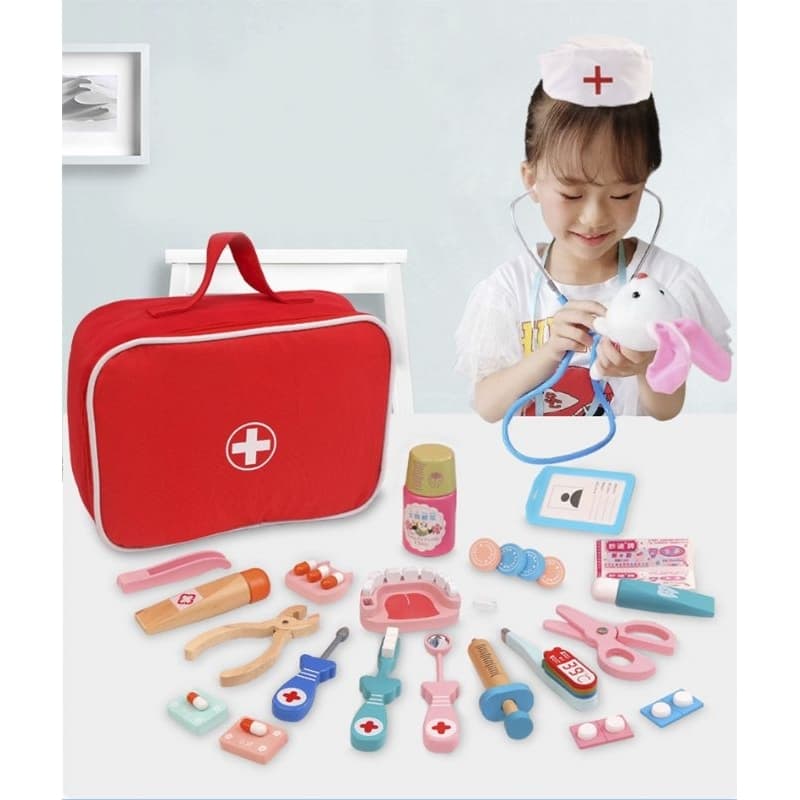 brinquedo de madeira kit médico e dentista infantil, faz de conta aprender e brincar. estetoscópio, termômetro e outros
