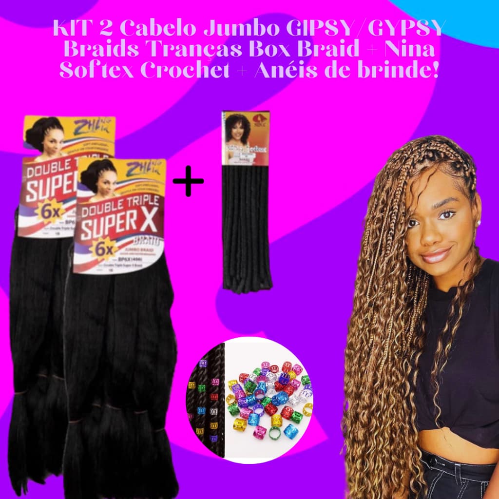KIT 2 Cabelo Jumbo GYPSY Braids Tranças Box Braid + Nina Softex Crochet + Anéis de brinde!
