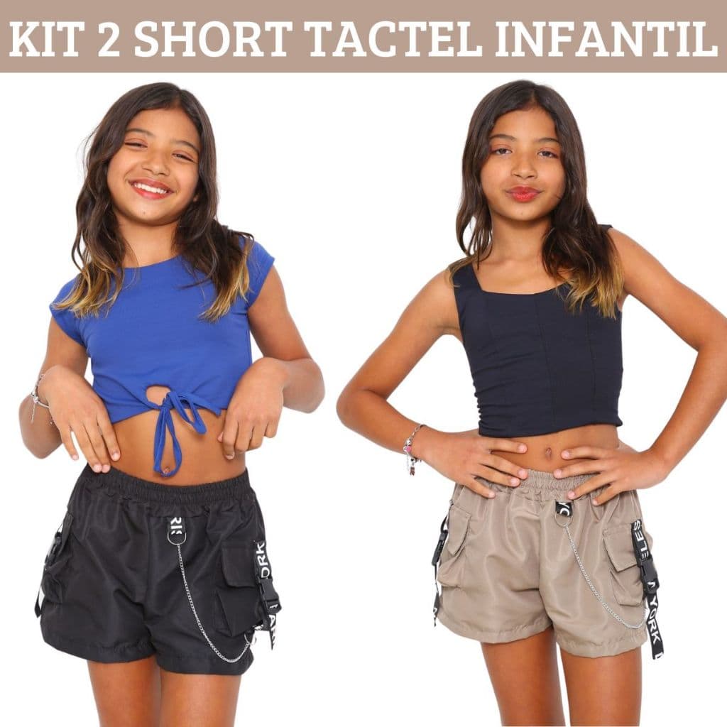 Kit 2 Shorts Feminino Infantil Para Meninas Tactel Fita e Corrente 4 Bolsos 4 Cores Short Cargo Criança 10 12 14 Anos s