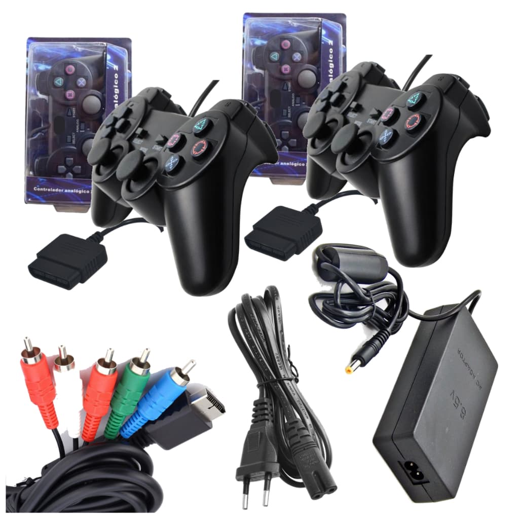 Super Kit Ps2 2 Controles + Fonte Bivolt Séries 70000 + Cabo V. Componente + C. Força Kit Compatível Play 2