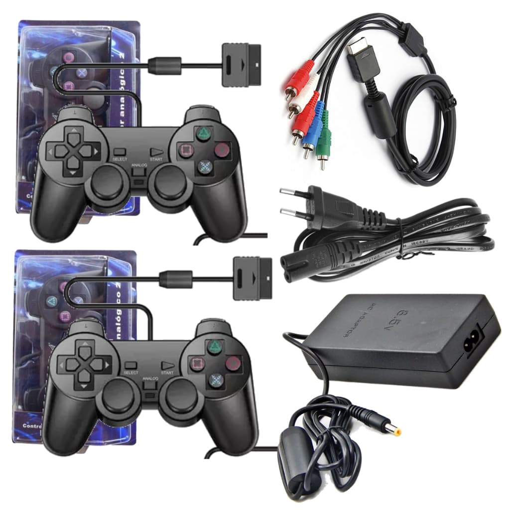 Kit de Acessórios Para Console Ps2 2 Controles + Fonte Bivolt + Cabo Força