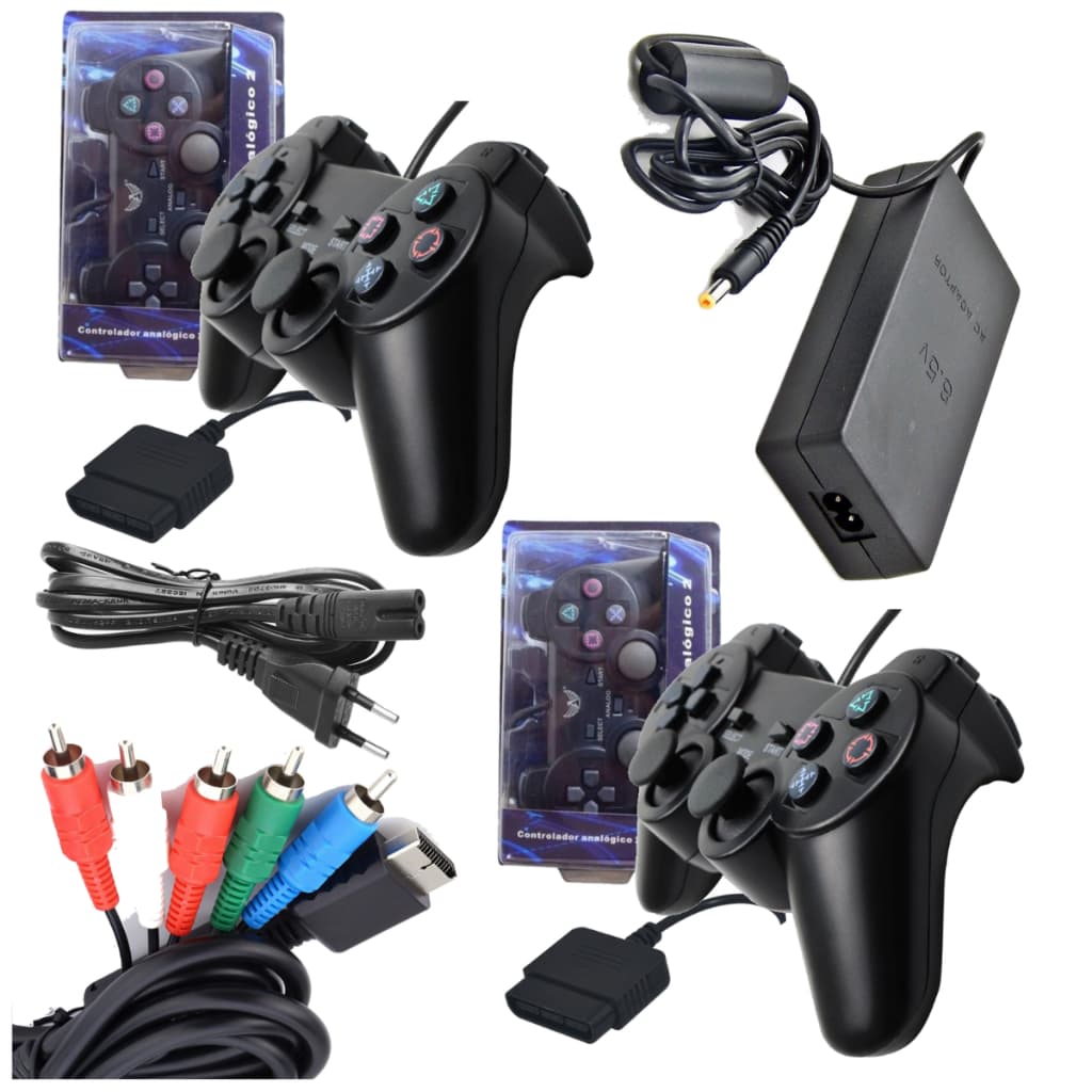 Kit Fonte PS2 Bivolt Modelo 70000 + 2x Controles + Cabo Video Componente Acessórios Para Video Game Playstation 2
