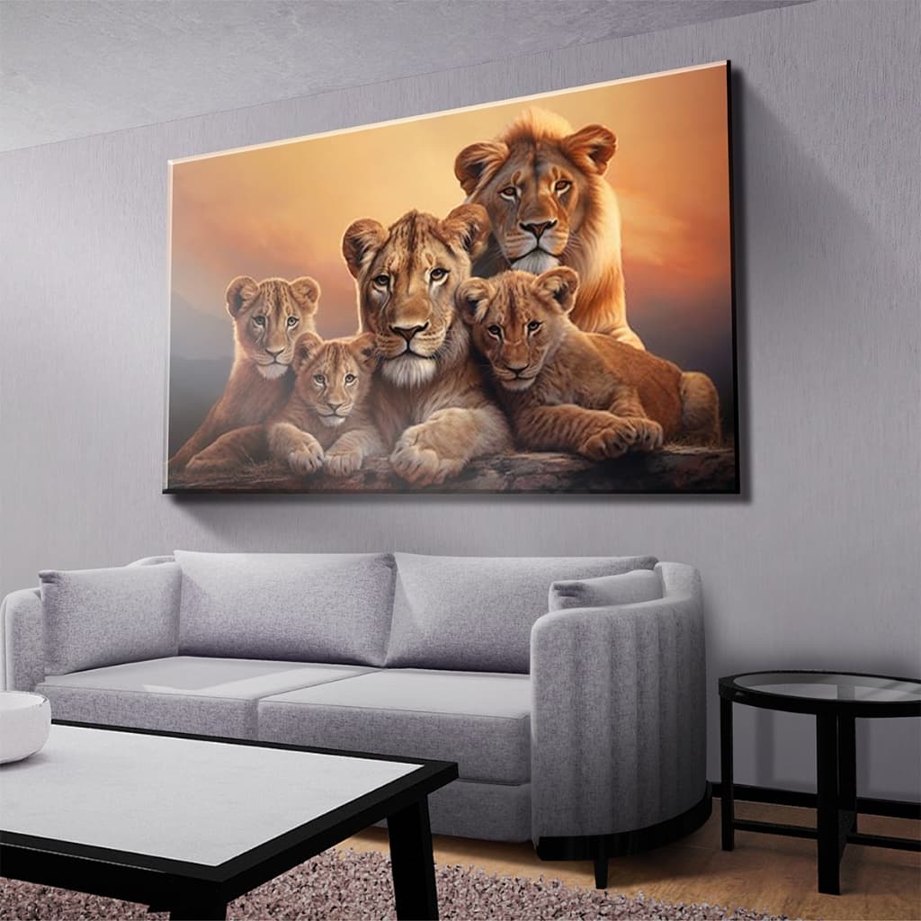 Quadro Decorativo Leão Familia Filhote Dourado Mosaico Sala Quarto Escritório