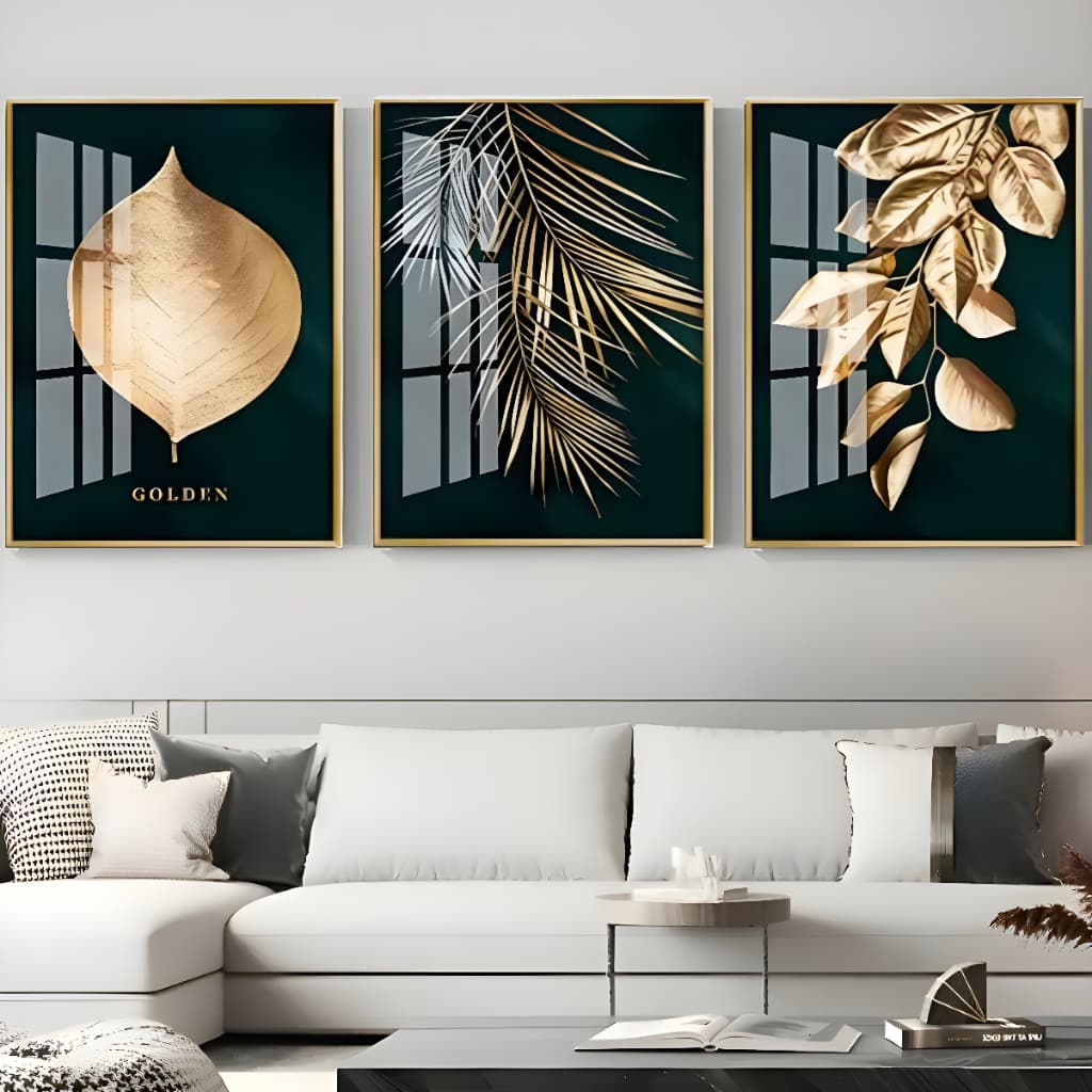 Quadros Decorativos Trio Golden Folhas de Ouro Borda De Ouro Kit 3 Flores Sala Escritório