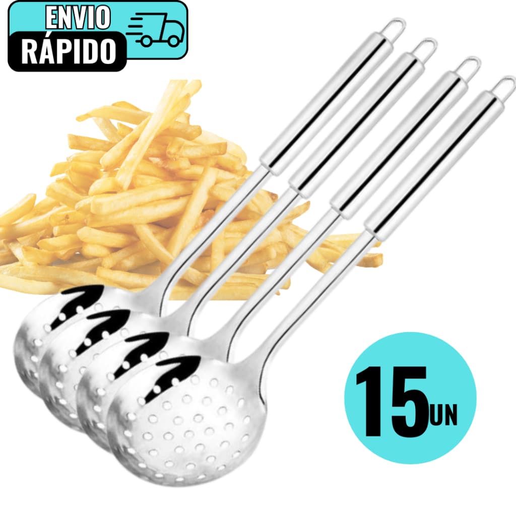 Kit 15 Escumadeira Em Aço Inox Para Batata Frita Refeições Ideal Para Restaurantes e Lanchonetes