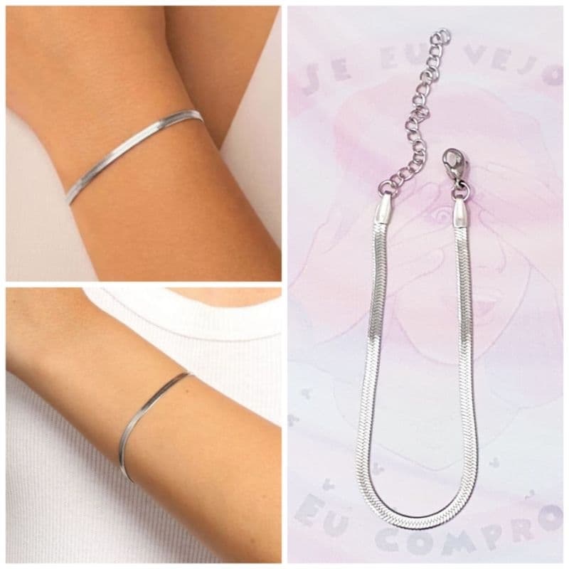Pulseira fita laminada aço inox cirúrgico inoxidável cobra bracelete malha laminado