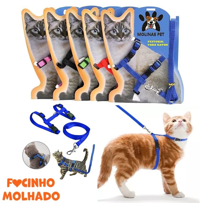 Coleira Peitoral para Gatos Acessórios Pet Com Guia Top Ajustável Gatinho