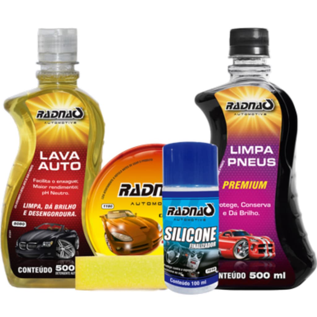Kit Limpeza Veicular Silicone + shampoo + pretinho + cera + brinde
