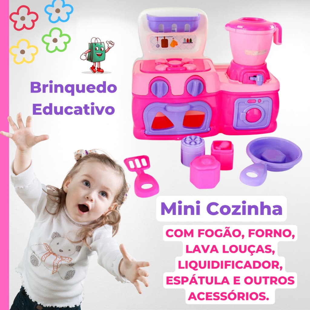 Mini Cozinha Didática -  com Fogão, Forno, Liquidificador, Espátula e Outros Acessórios - Educativo