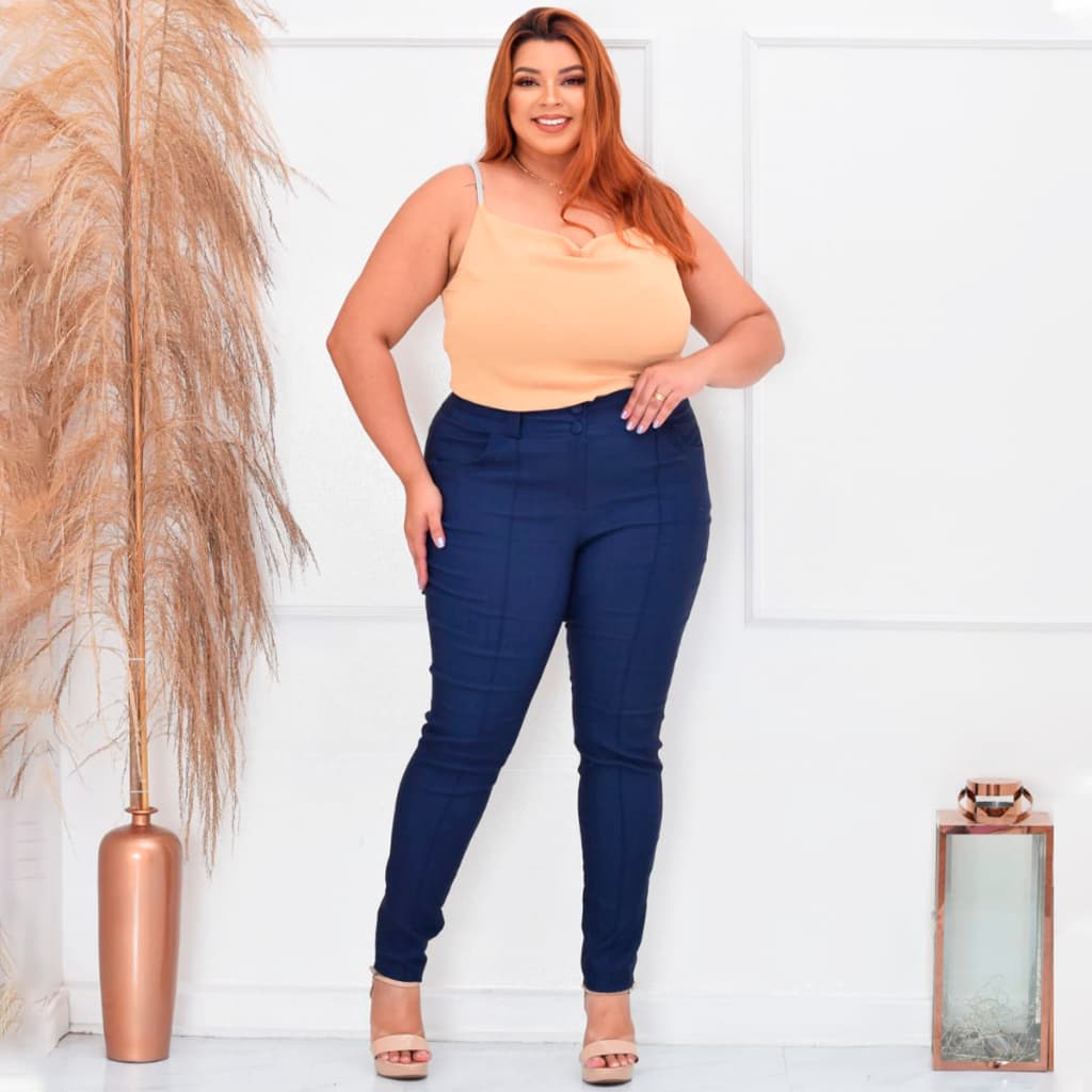 Calça Plus Size Feminina Social Trabalho  Skinny Cintura Alta com Bolso Bengaline Premium
