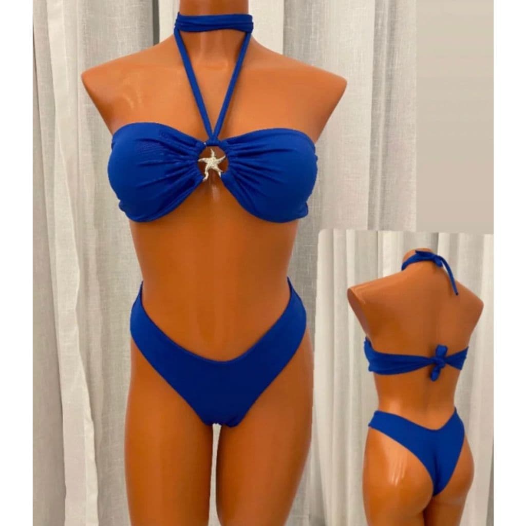 Biquini com detalhe estrela luxo e calcinha fio duplo ou conjunto de biquini com saia franzida moda blogueira