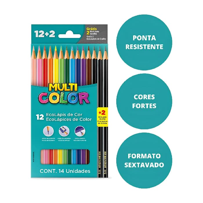 Lápis de Cor 12 Cores + 2 Lápis Grafite Ecolápis Multicolor e Grafite Sextavado