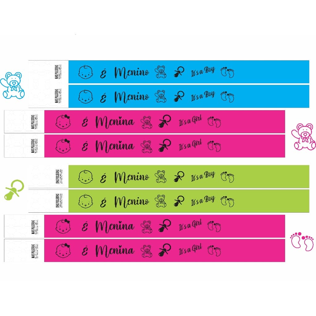 Kit  100 Pulseiras de identificação Chá Revelação Menino Menina Arte Pronta