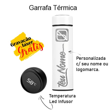 Garrafa Térmica Inox Inteligente Personalizada a laser com Medidor de Temperatura 500ML