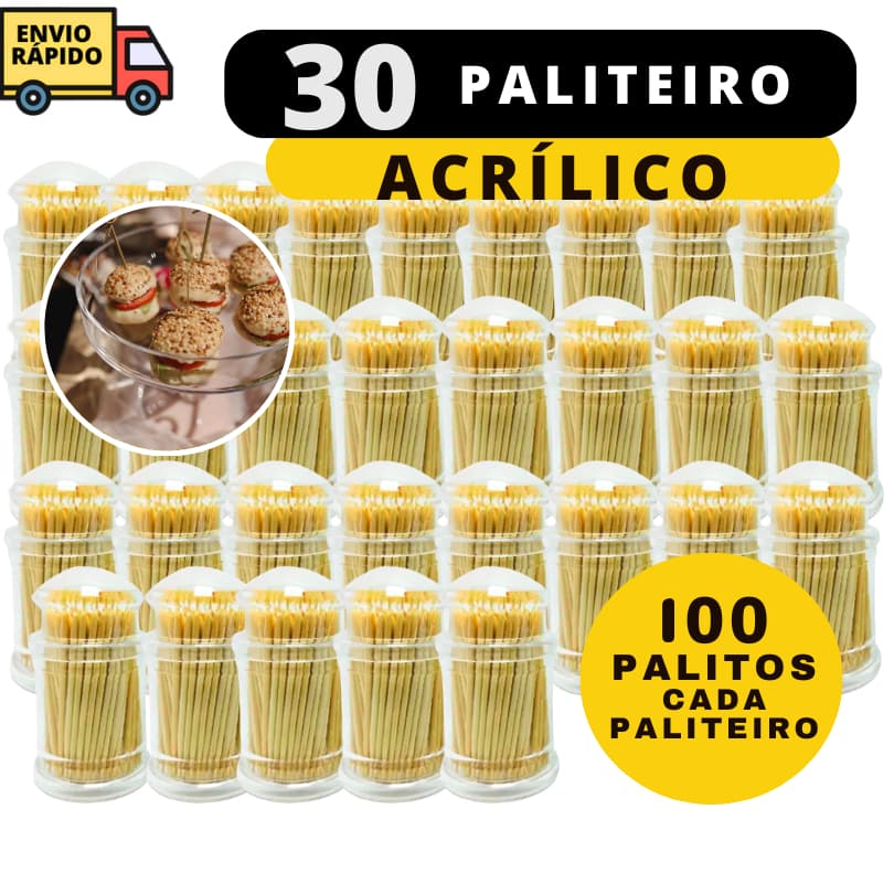 Palitos Kit 30 Porta Paliteiros de Acrílico Com Tampa Acompanha 100 Palitos Dente Em Cada Para Casa Comidas