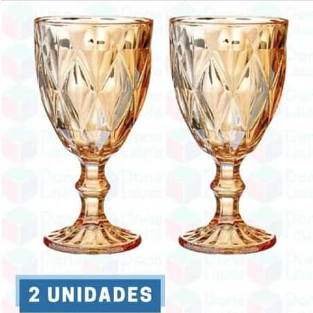 Kit 2 Taça Diamante de Vidro Ambar Metalizada 340ml Água Suco