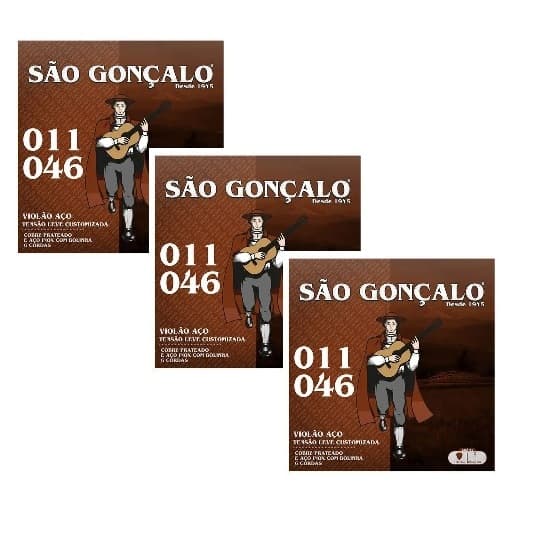 KIT 3 ENCORDOAMENTO COMPLETO VIOLÃO AÇO 0.11 TENSÃO LEVE SÃO GONÇALO COM BOLINHA CORDA E PALHETA EXTRA CLÁSSICO FOLK