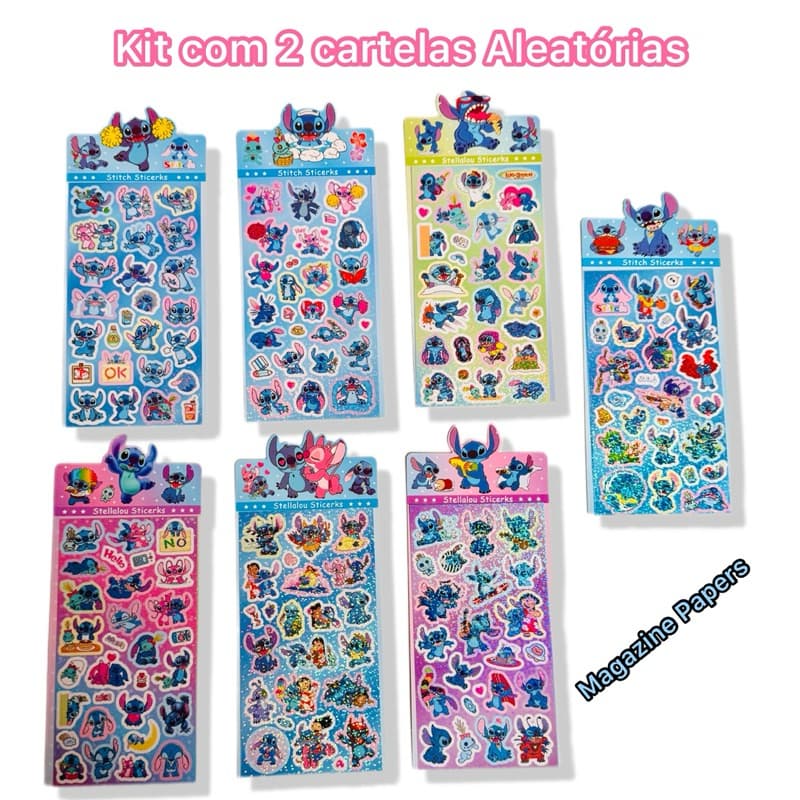 Cartela de Adesivo Stitch Holográfico kit com 2 Cartelas