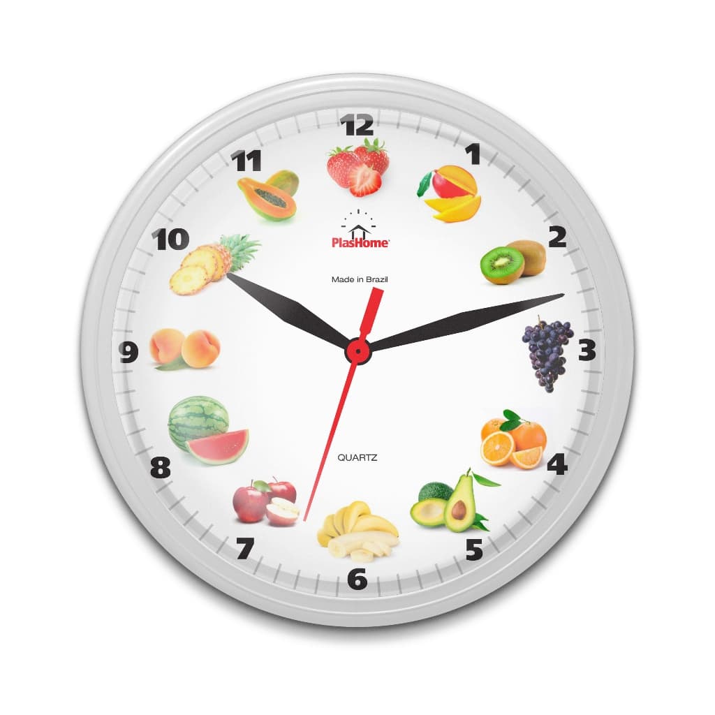 Relógio de Parede Redondo Ômega Branco Fruta Plashome Sala Cozinha e Escritório
