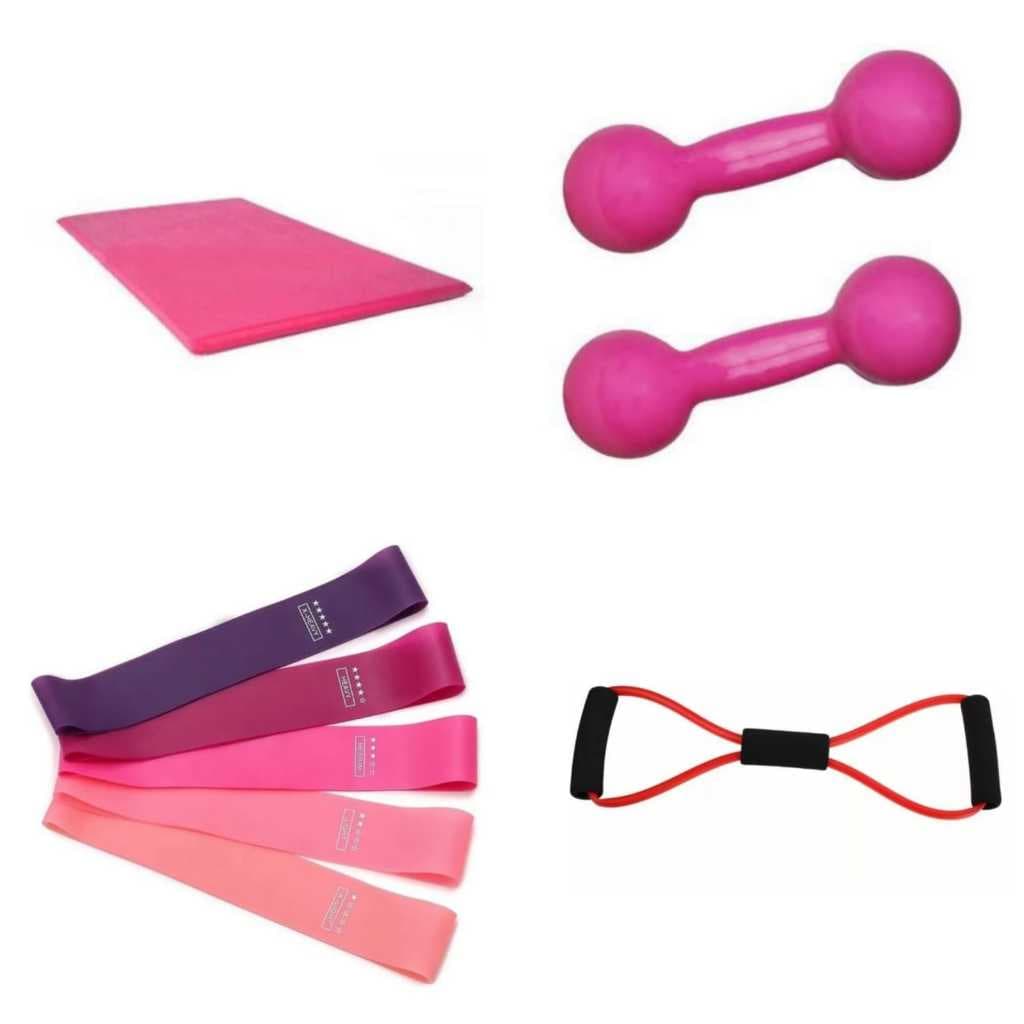 Kit Completo Fitness: Colchonete Rosa + Halter 1kg + Mini Band + Extensor Multifuncional