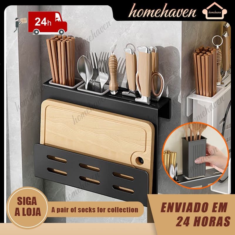 Suporte para faca de cozinha montado na parede, rack de armazenamento de cozinha multifuncional