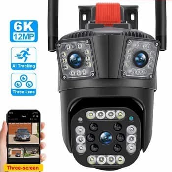 Câmera WiFi impermeável ao ar livre, proteção de segurança, 3 Lens, câmeras Survalance, 4K, 8X Auto Tracking, 12MP