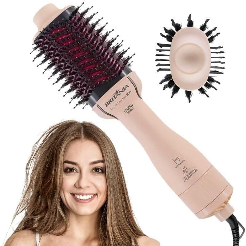 Escova Secadora cabelo Britânia Bec07r soft 4 em 1 Cabo Giratório Rosa 1300w Bivolt