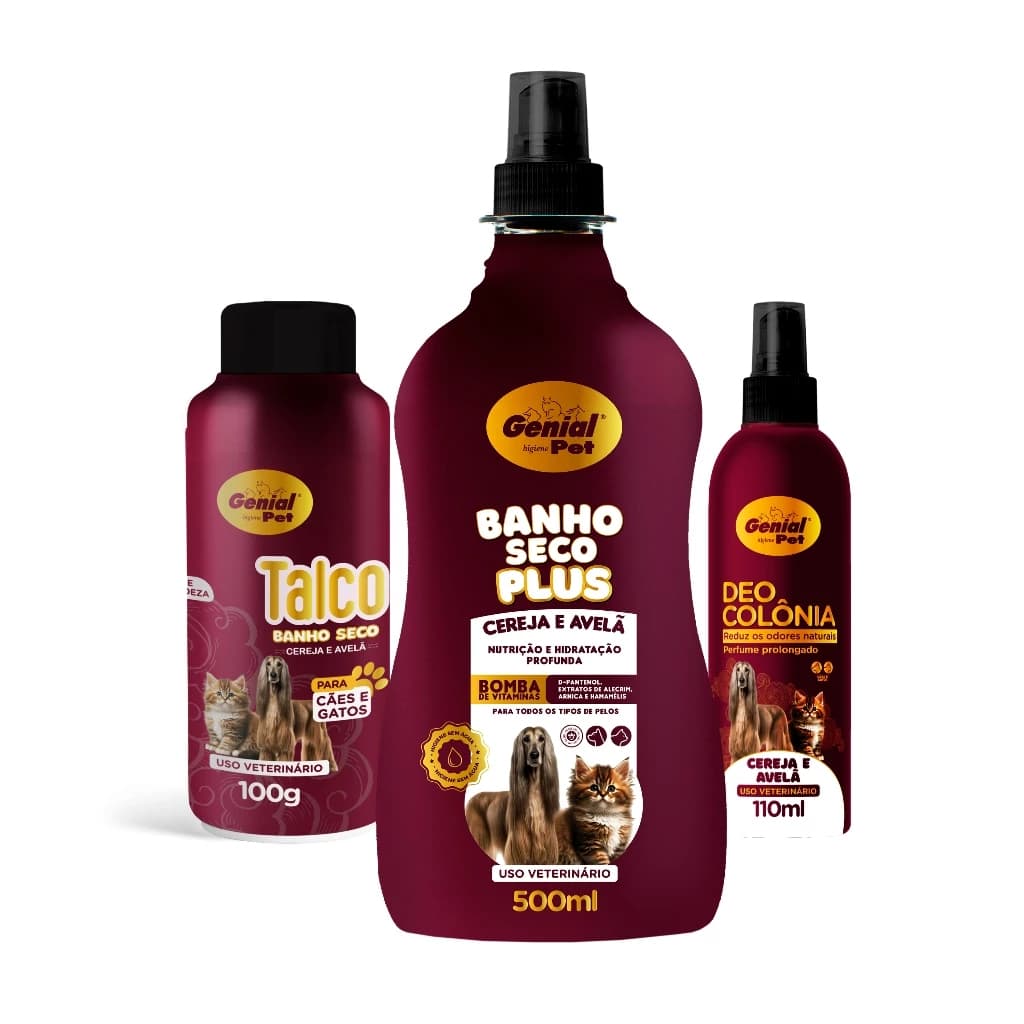 Kit Banho Seco Cereja e Avelã - Banho Seco, Talco e Colônia para Cães e Gatos Genial Pet