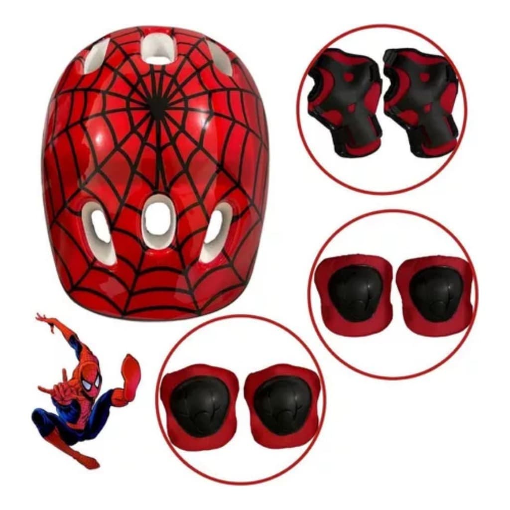 Capacete Infantil Bicicleta Patins Skate Infantil+ Kit Proteção Joelheiras Cotoveleira ARANHA