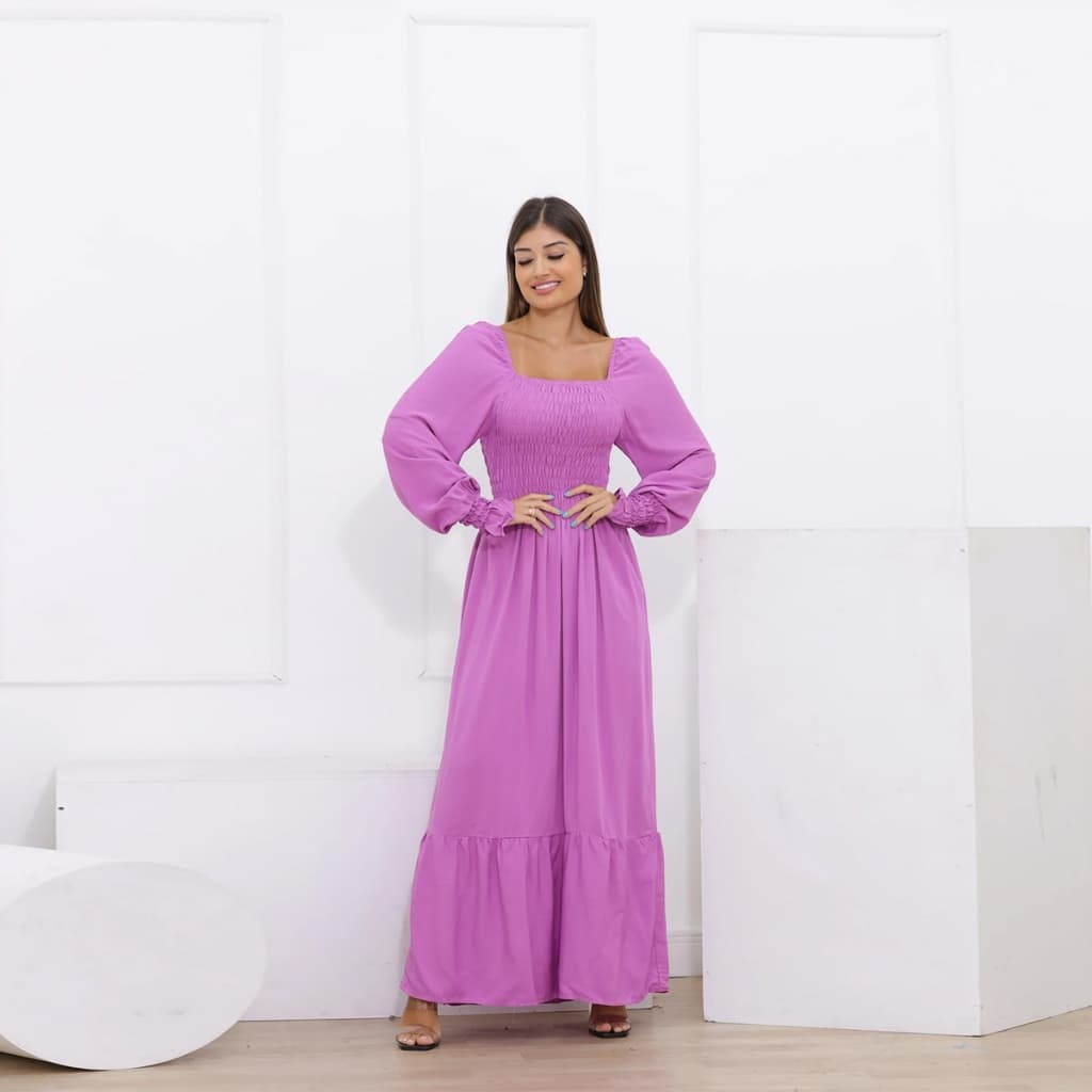 Vestido Longo Com Manga longa Com Lastex - MODA INVERNO