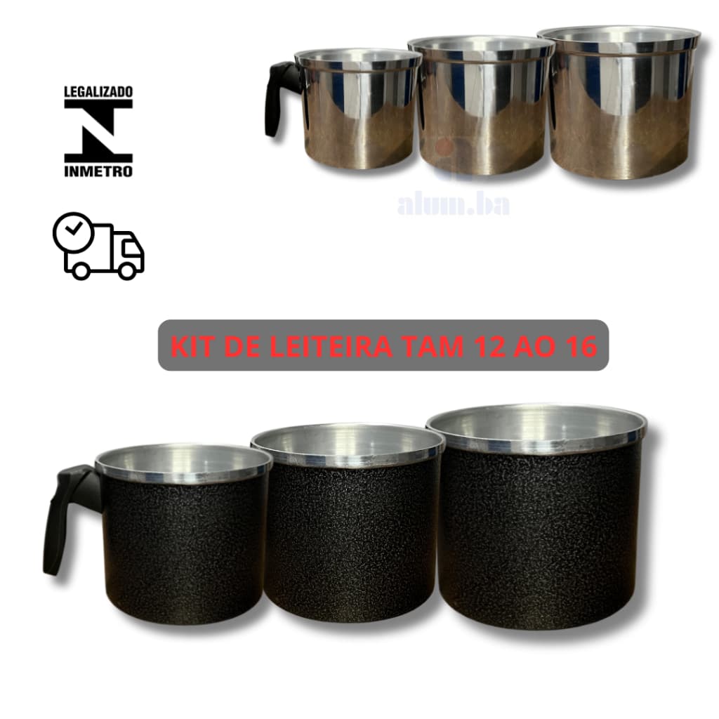 jogo de leiteira cafeteira caneca de alumínio ou preta com alça grande pequena e media com tampa
