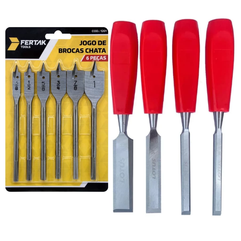 Kit Jogo Formão E Jogo De Brocas Chatas Para Madeira Marceneiro