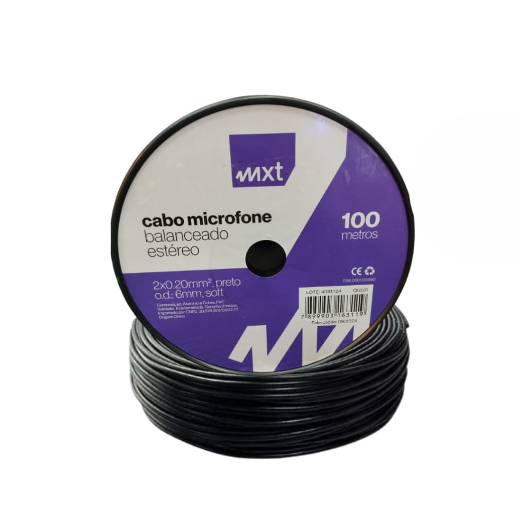 Cabo Microfone Balanceado Estéreo Rolo 100 Metros - MXT