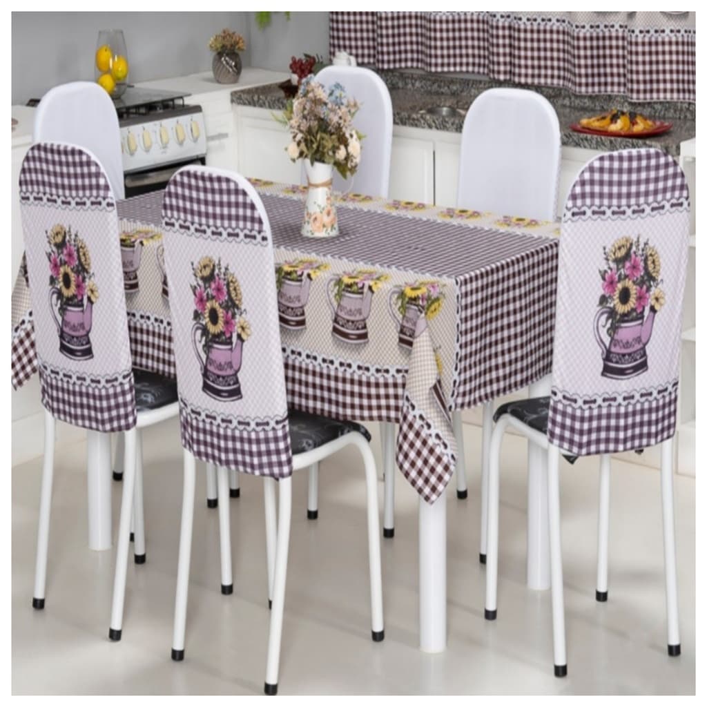 Kit 2 Peças Cozinha Estampada Toalha de Mesa 1,40x1,40 + 4 Capas Encosto Cadeira