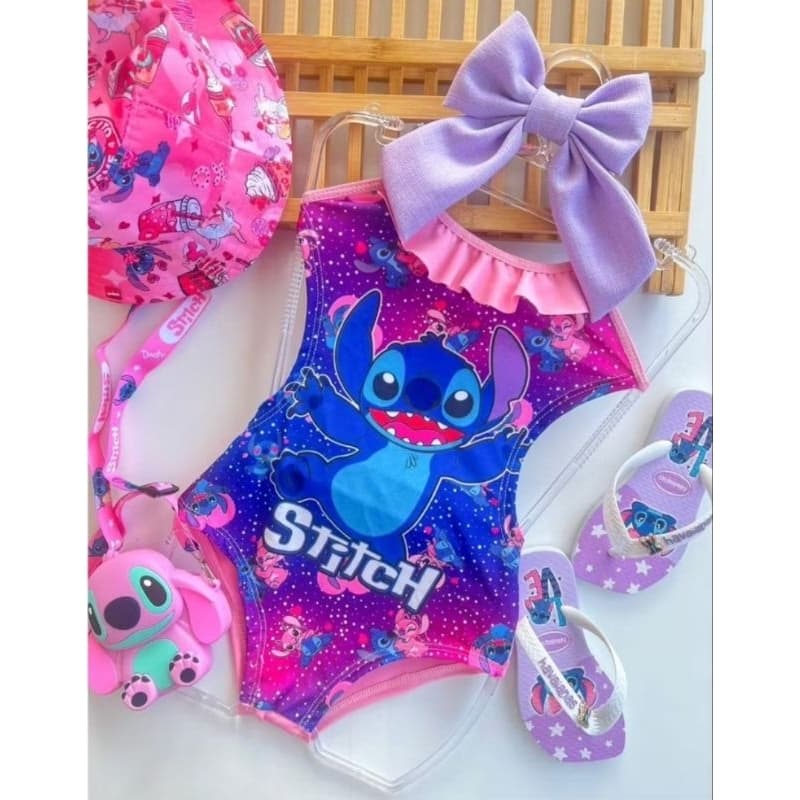 Maio biquine Infantil Stitch Menina Moda Praia Piscina Personagem Stitch Maio Natação