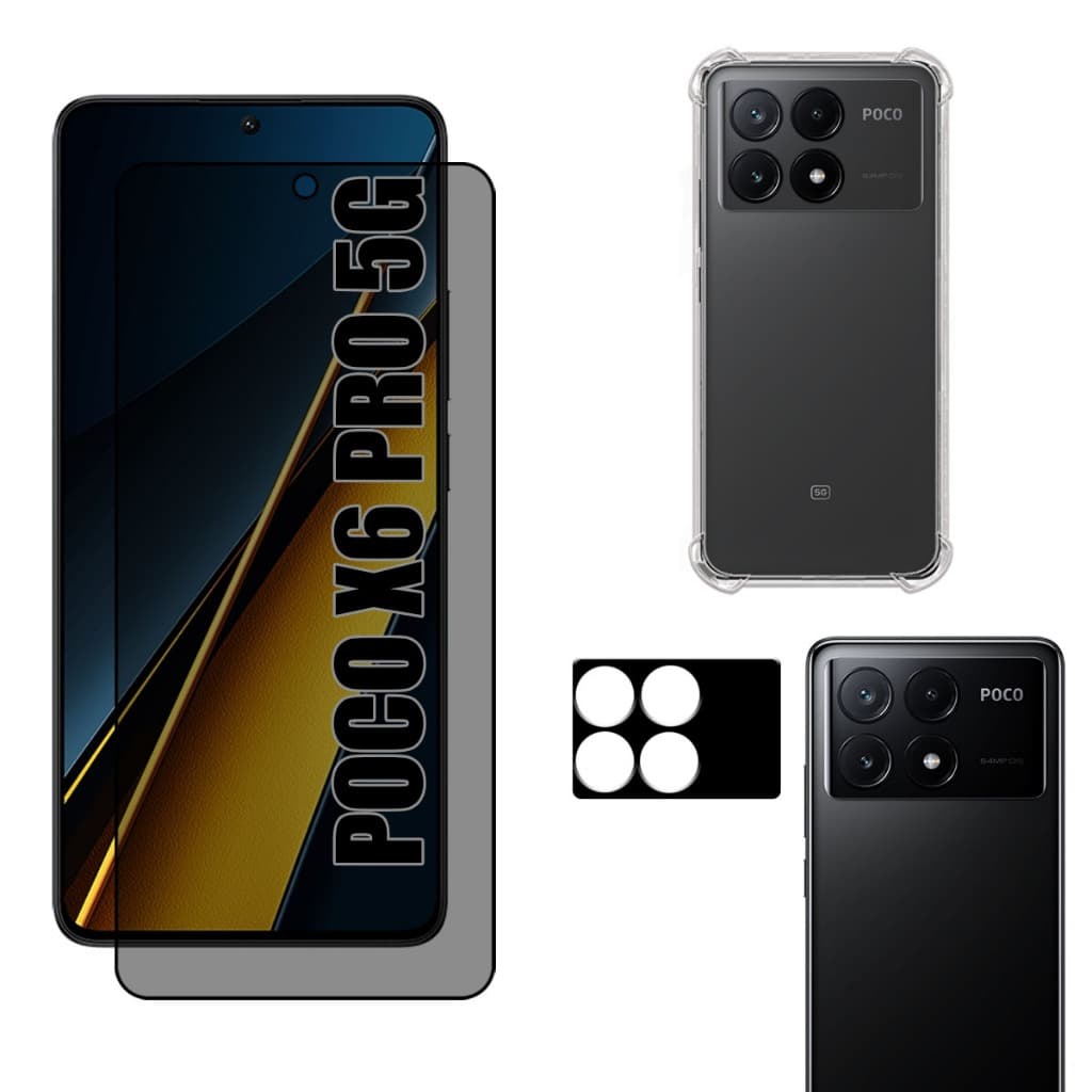 Kit Para Poco X6 Pro 5g | Película de Privacidade 3D - Capa Anti Shock - Película da Câmera 3D