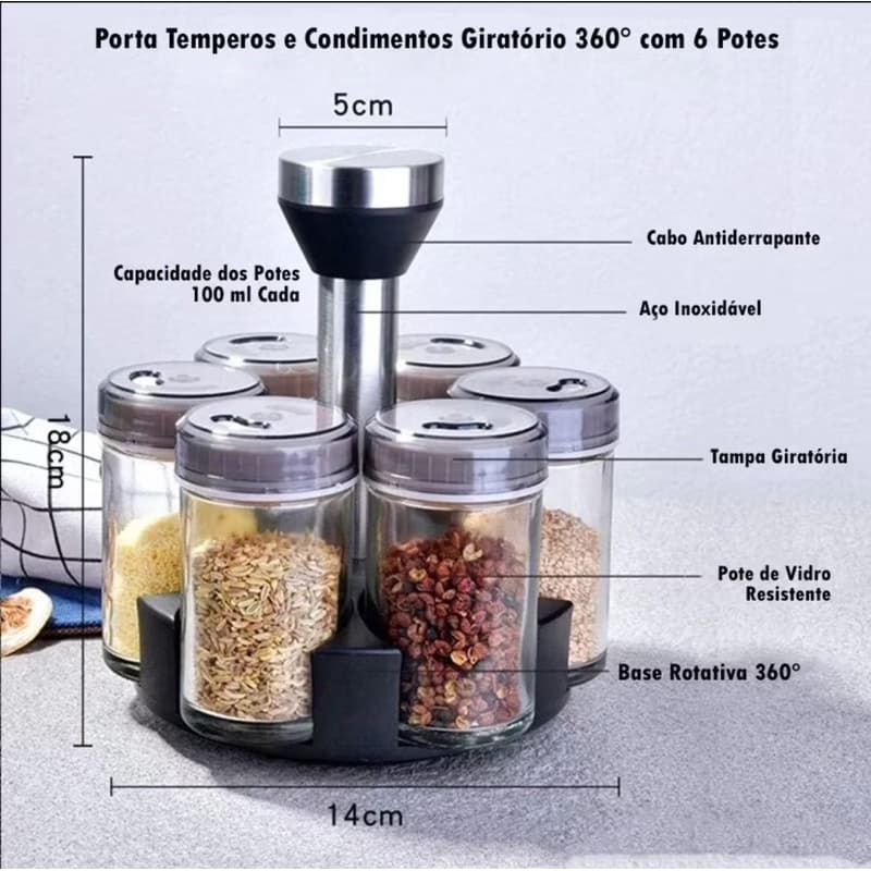 Porta tempero de mesa saleiro condimentos giratória 6 potes de vidro e aço inox
