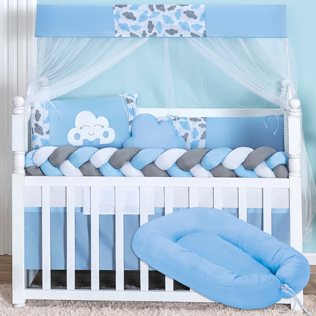 Kit Berço Slim Nuvem Azul Para Menino 11 Peças Padrão Americano + Ninho Azul 1 Peça