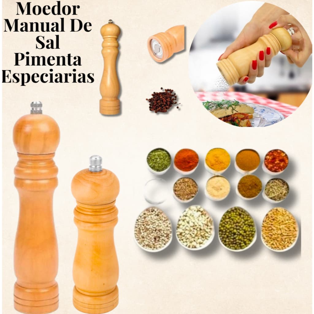 Moedores Manual De Sal Pimenta Especiarias Em Madeira Premium 15 e 21cm Grãos Casa Nova