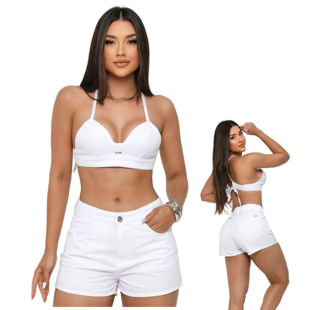 Conjunto Jeans Feminino Branco Top Short Premium Cintura Alta Fim de Ano Sem Elastano Laicra Algodão 100% Tamanho do 36